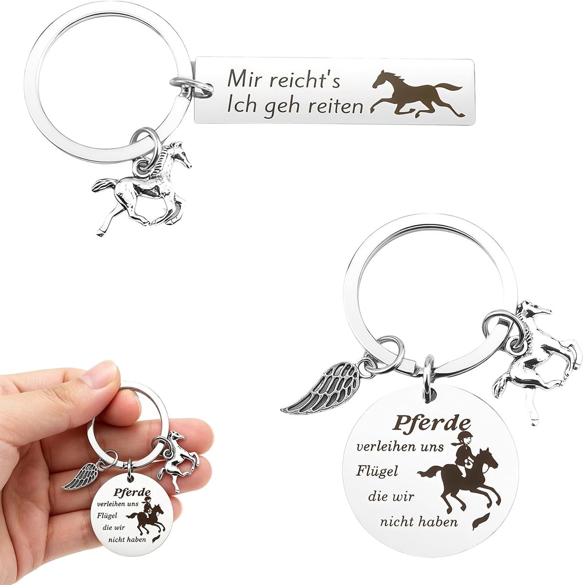 2-delige Paard Sleutelhanger Set – Geluksbrenger Sleutelhanger van RVS met Inspirerende Inscriptie voor Paardliefhebbers – Perfecte Cadeau voor Vrouwen en Meisjes die van Paarden Houden