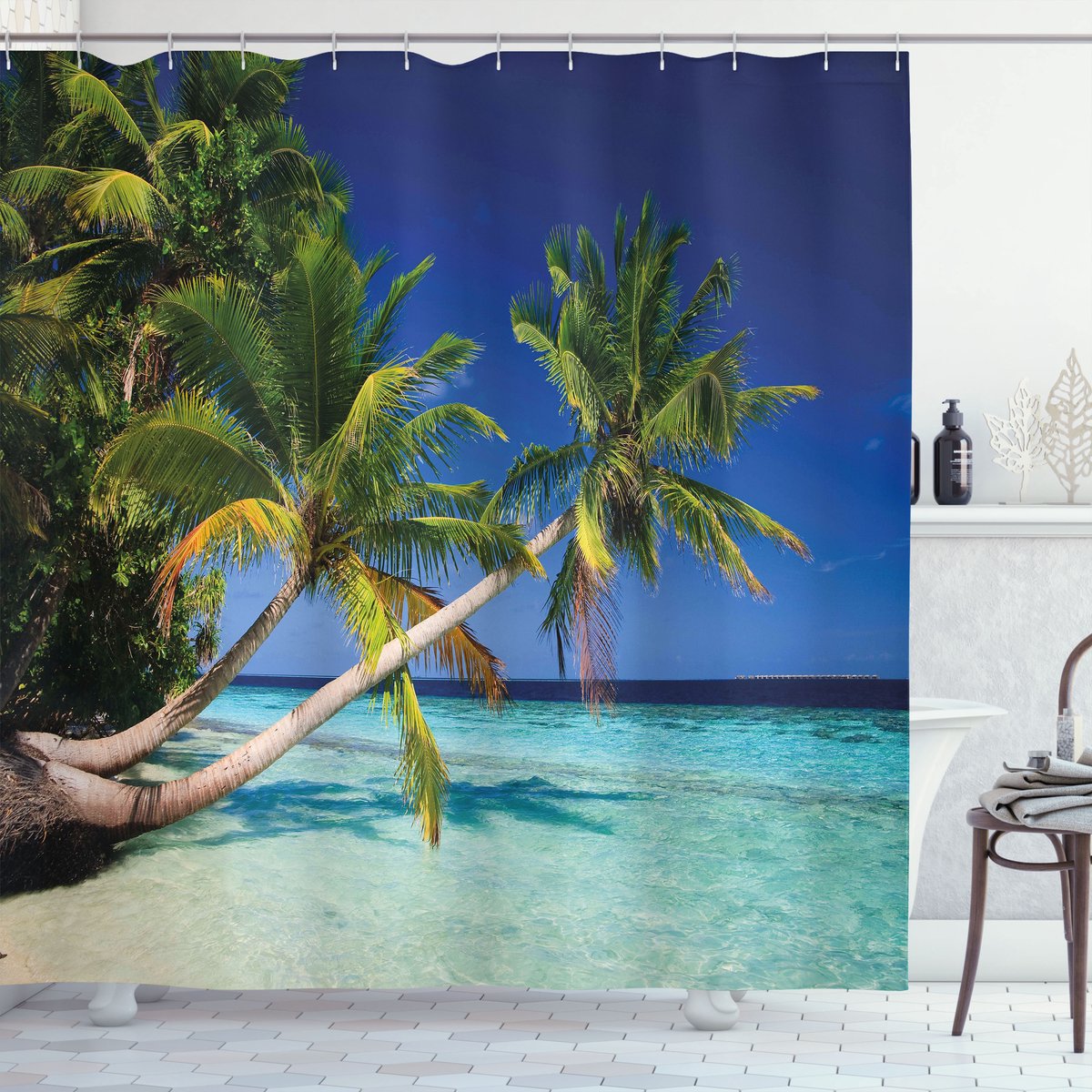 ABAKUHAUS Landschap Douchegordijn, Tropic Eiland Palms, Stoffen Badkamerdecoratieset met Haken, 175 x 200 cm, Groen Aqua Blauw