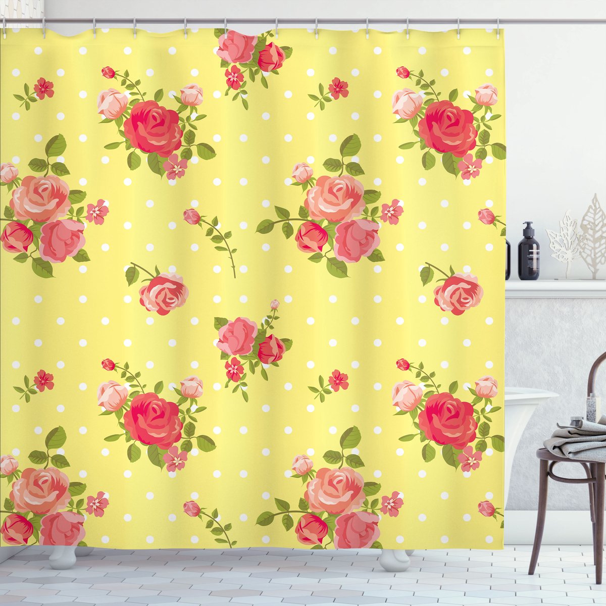 ABAKUHAUS Roos Douchegordijn, Altertümlich Vrouwelijk, Stoffen Badkamerdecoratieset met Haken, 175 x 240 cm, Geel Koraal Groen