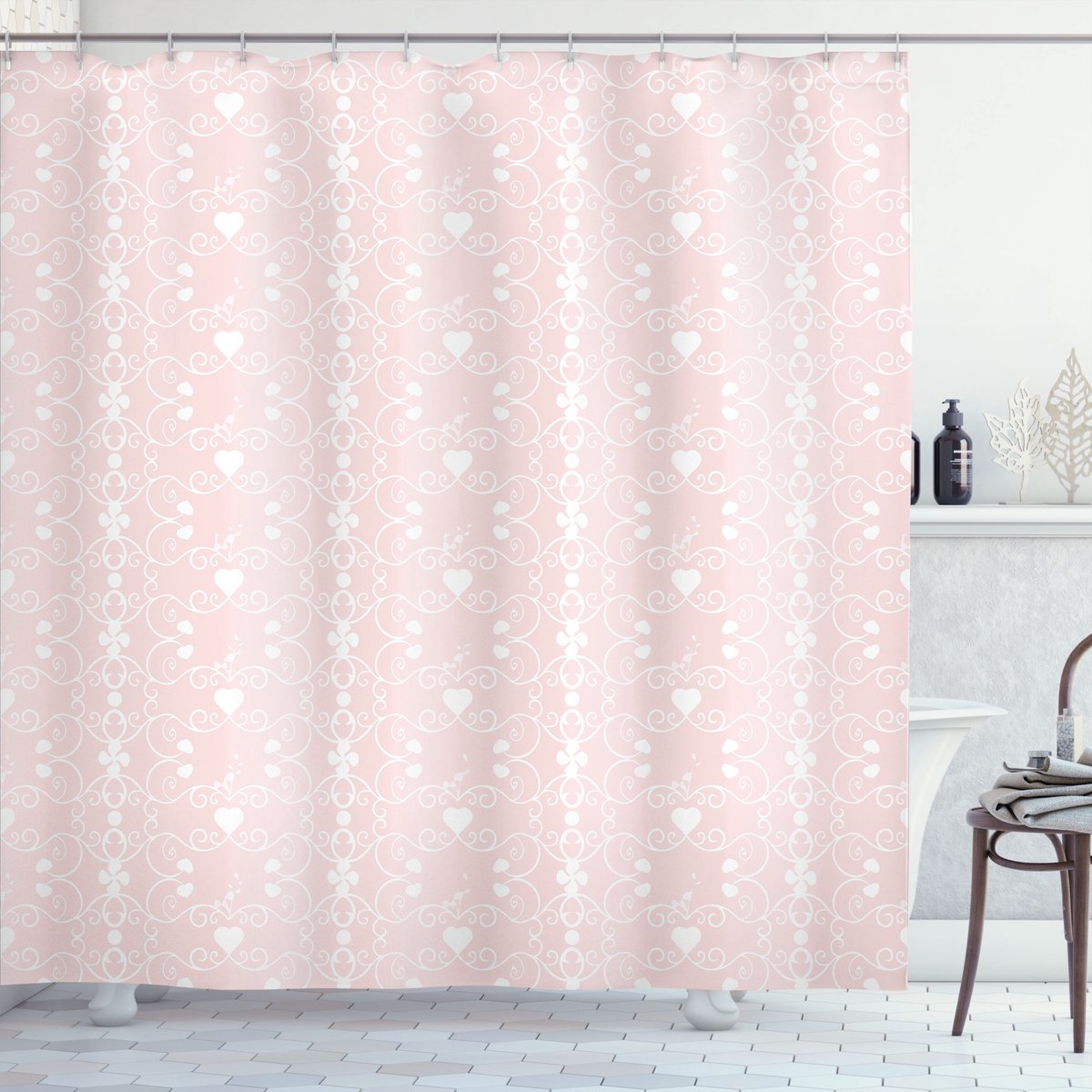 ABAKUHAUS Roze en Wit Douchegordijn, Victorian Girly, Stoffen Badkamerdecoratieset met Haken, 175 x 200 cm, Blosroze Wit