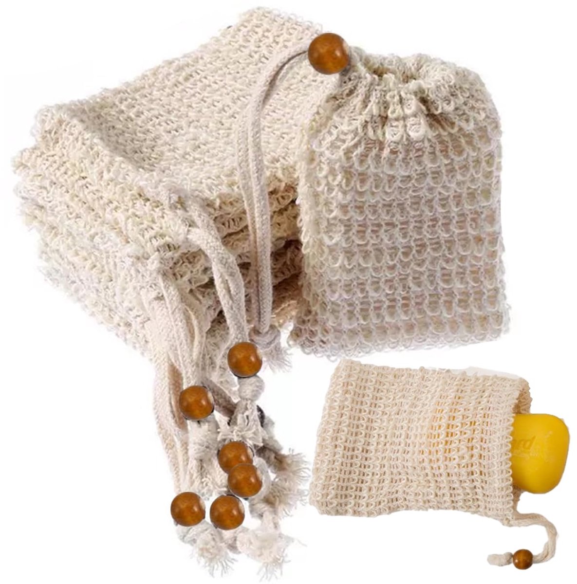 Sisal Zeepzakjes Set - Natuurlijk & Milieuvriendelijk - Met Houten Kralen - 6 Stuks - Beige - 14 cm x 9 cm