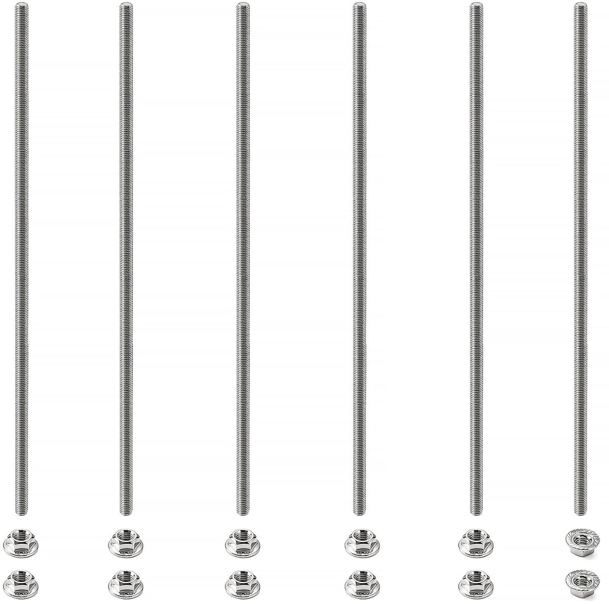 6 Stuks M5x200mm Draadstangen, 304 Roestvrijstalen Volledig Geschroefde Stang, met 12 Stuks Zeskantige Flensmoeren, voor Machines en Meubelmakerij