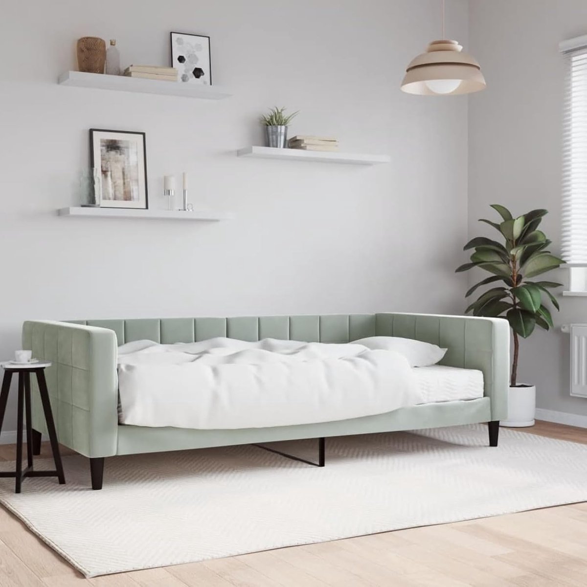 Slaapbank met matras, lichtgrijs, 100 x 200 cm, van fluweel, 2-zitsbank van hout, intrekbare slaapbank, 2-zitsbank met lattenbodem