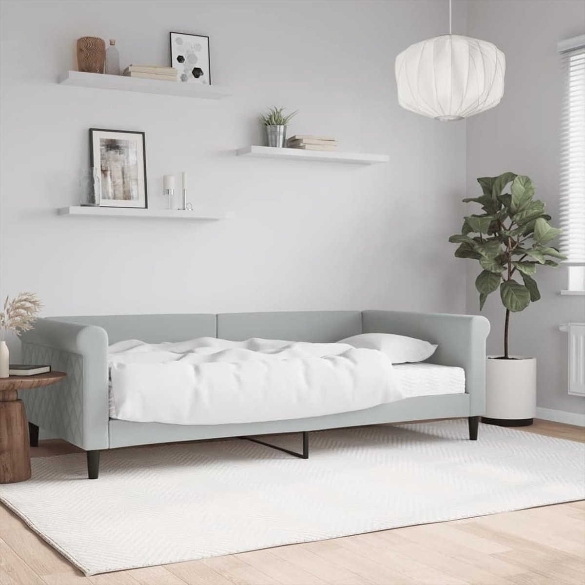 Slaapbank met matras, lichtgrijs, 100 x 200 cm, van fluweel, 2-zitsbank van hout, intrekbare slaapbank, 2-zitsbank met lattenbodem