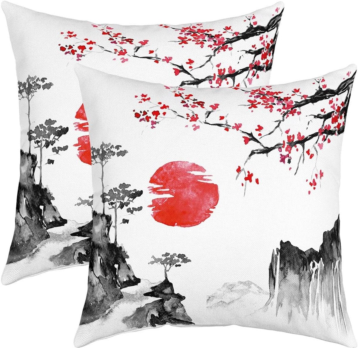 Kussenslopen Kersenbloesems Rode Zonnebank Kussen Bank Kussen Inkt Japanse Stijl Decoratief Kussen 55x55cm Exotische Stijl Decor Kussenhoes met Rits voor Bank Bank Bank Tuin