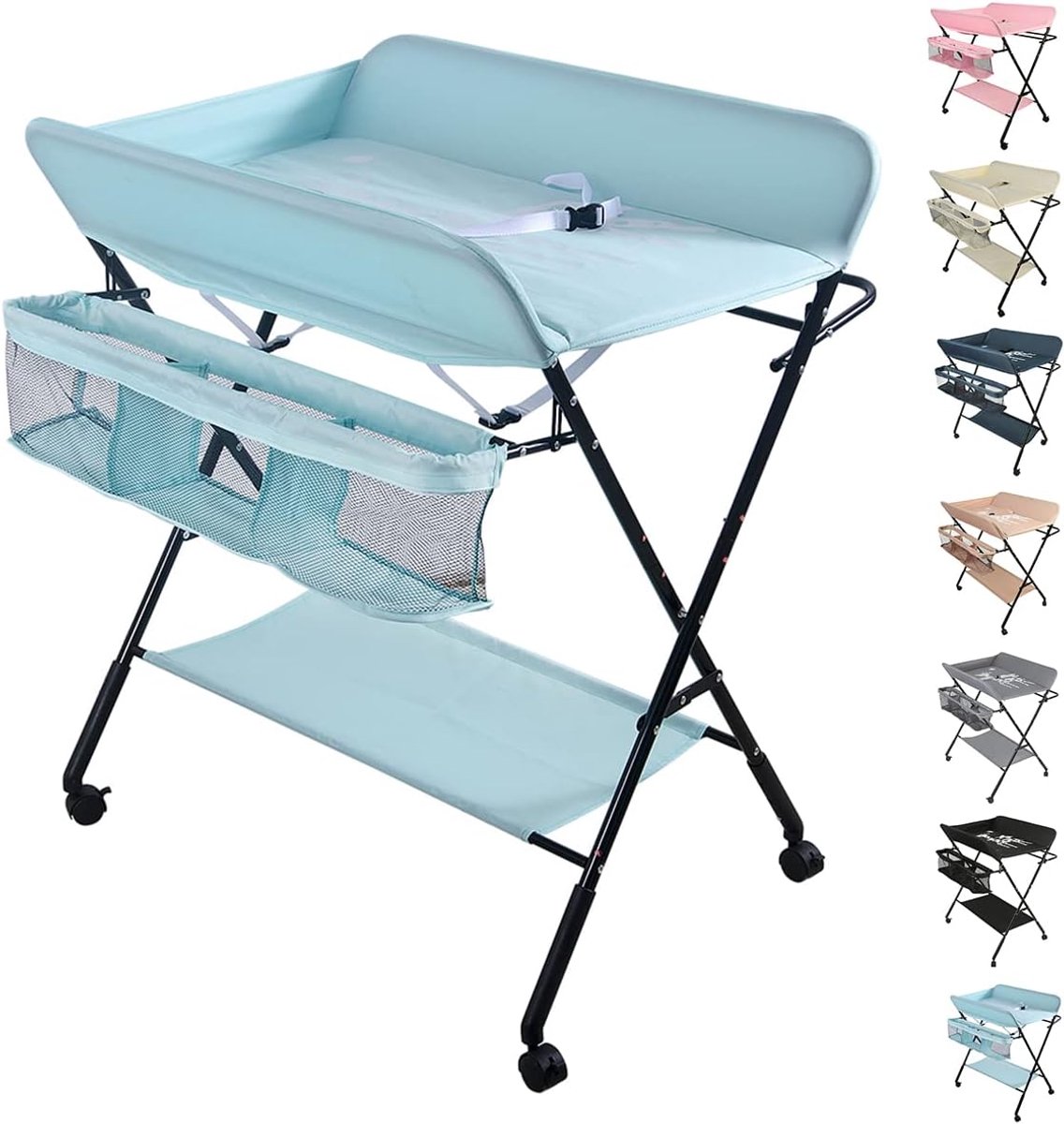 Baby Opvouwbaar en Draagbaar, in Hoogte Verstelbaar, Luiertafel Baby commode met 4 Wielen, Verzorgingstafel Giraffe Patroon- 74 x 63 x 92-98 cm (hemelsblauw)