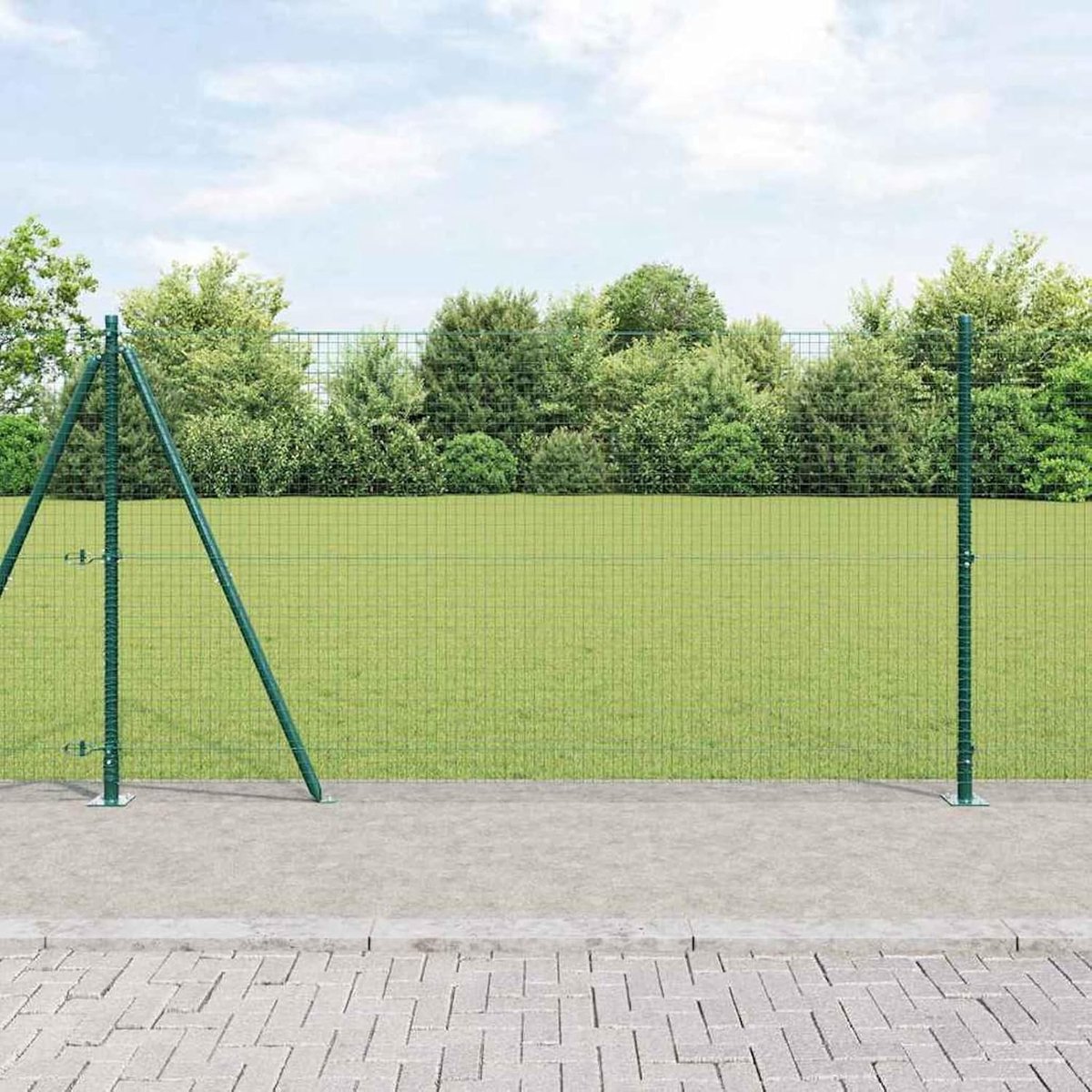 Gelaste draadomheining met 7 flenzen palen, groen, 1,2 x 10 m staal, hekpalen, tuinhek, draadomheining voor tijdelijke hekken, groentebedden, kippenhokken, weideperstuk