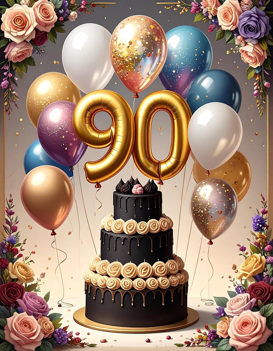 Verjaardagskaart 90 jaar voor man of vrouw, ballonnen en taart