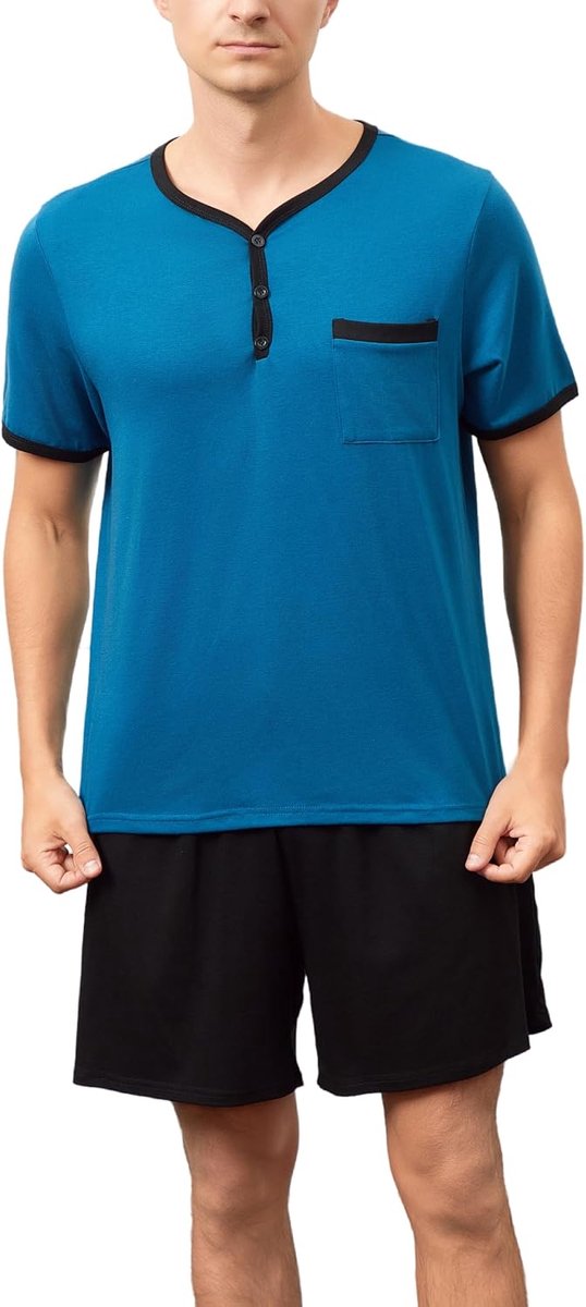 herenpyjama voor de zomer, korte mouwen, Henley-kraag, geruite shorts