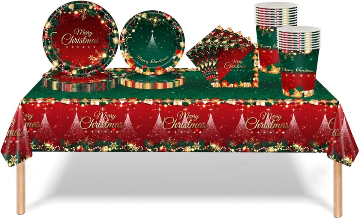 69 stuks serviesset voor kerstfeesten, rood groene borden, kopjes papieren handdoeken, plastic tafelkleed, servies, bureaudecoratie voor verjaardagsfeestjes, Kerstmis