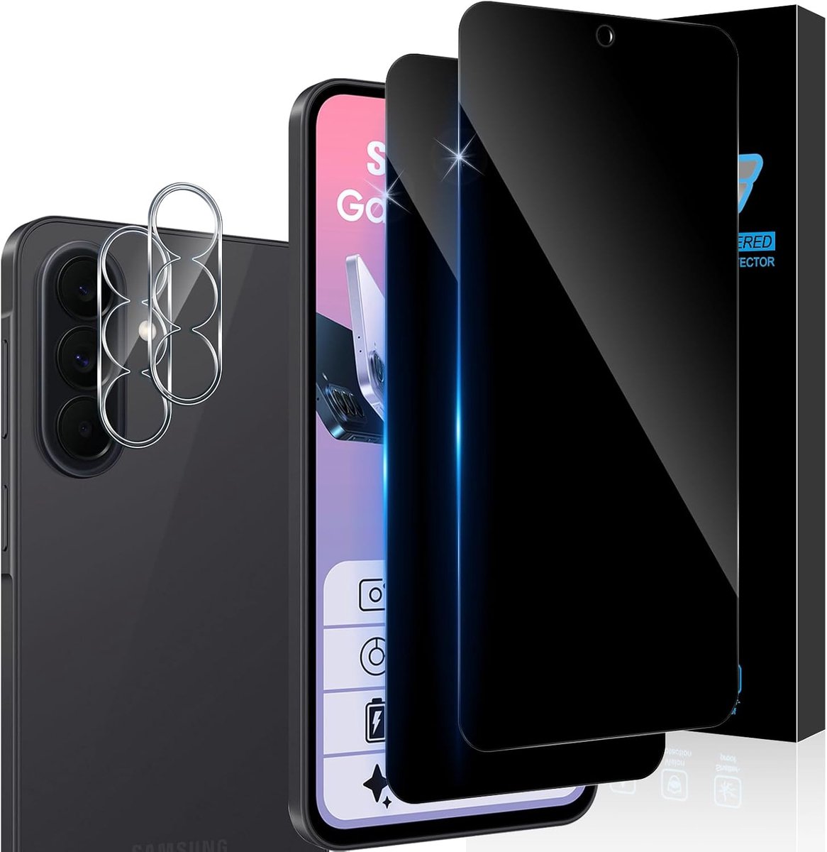 Inkijkbescherming voor Samsung Galaxy A37 pantserglas, 2 stuks privacyfolie, 2 stuks camerabescherming, 9H hardheid, anti-spy-folie, krasbestendig, privacy, gehard glas, displaybescherming