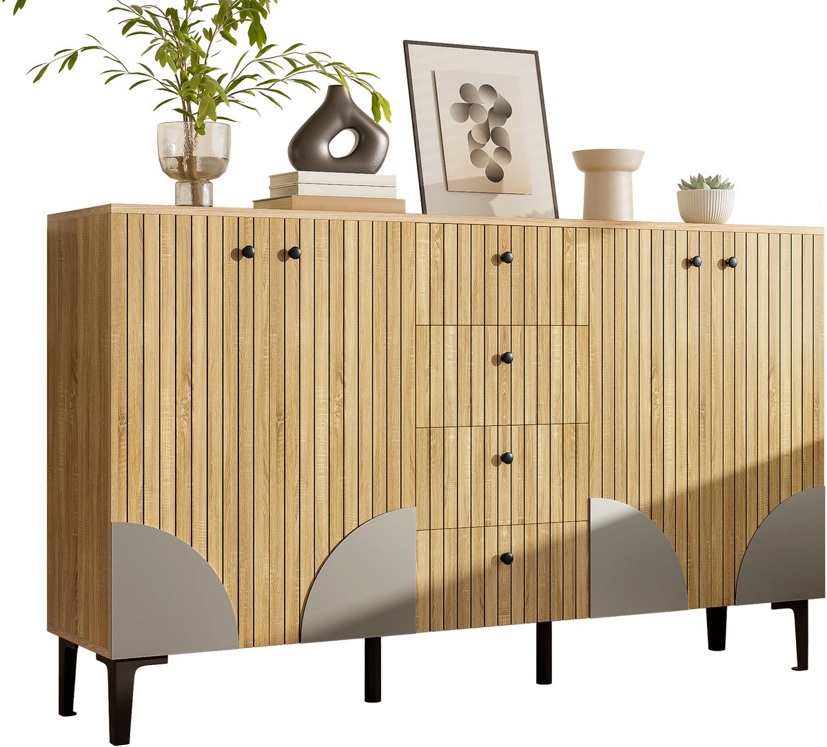 Moderne houten opbergkast - Met 4 deuren en 4 laden - Biedt veel opbergruimte - Ideaal voor woonkamer, eetkamer of hal - Modern en minimalistisch ontwerp - Afmetingen 160x36x94 cm