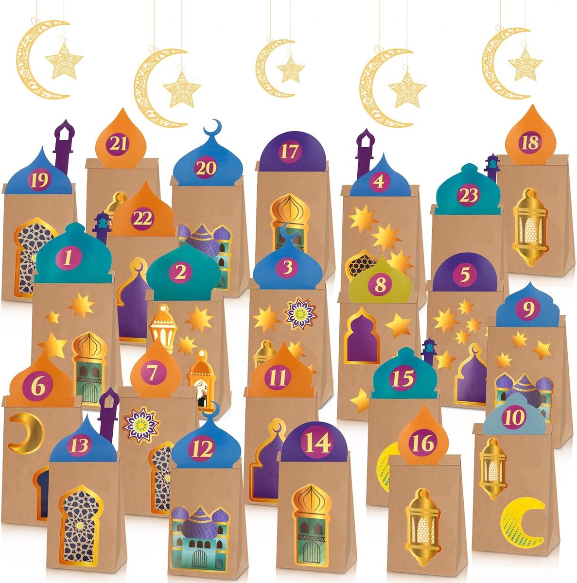 Ramadankalender om te vullen, 30 stuks, ramadankalender, cadeauzakjes met dak, 1-30 digitale stickers en Ramadan stickers, islam Eid Mubarak-kalender, doe-het-zelf geschenkzakjes