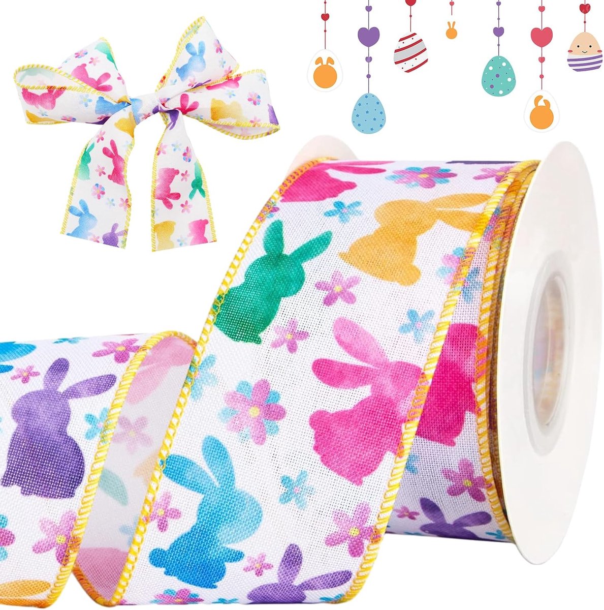 Linten met haas, paasdecoratie, geschenkverpakking, cadeaulint voor paasfeestdecoratie, knutselkransen, strikken, stoffen lint