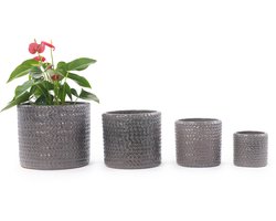 Middelgrote keramische plantenpot 31 cm - ademend - vorstbestendig - met afvoergat - glanzend grijs met rondom visgraat reliëf - ideaal voor middelgrote planten en keukenkruiden
