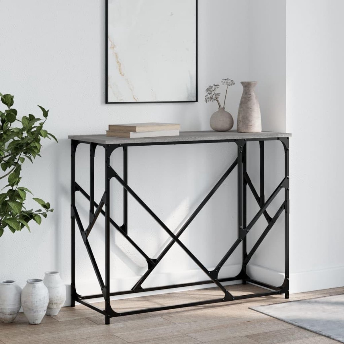 Consoletafel grijs Sonoma 100 x 40 x 80 cm houten materiaal decoratieve tafel salontafel met metalen frame en 4 verstelbare poten voor hal woonkamer entree
