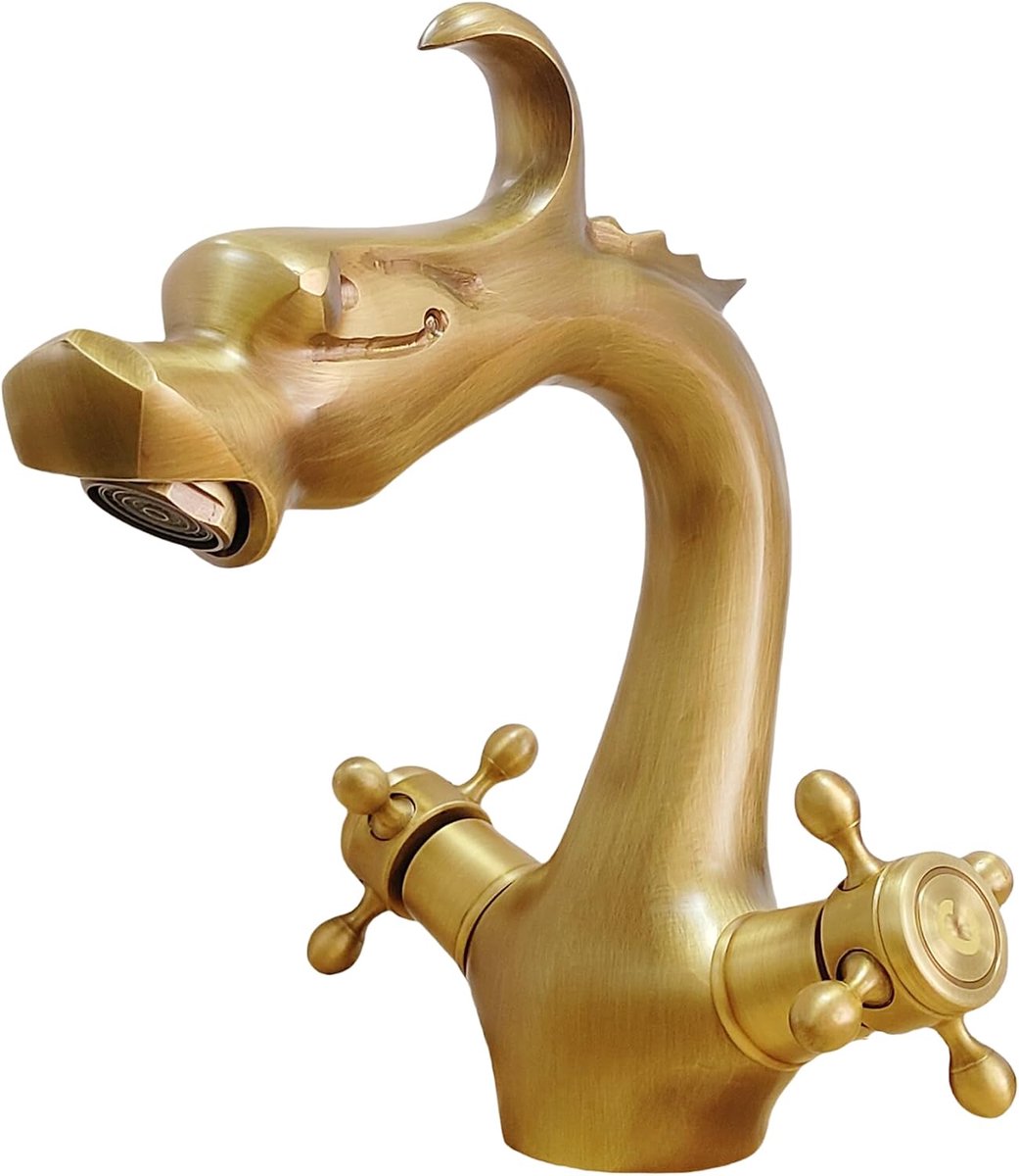 Kraan Badkamer Messing Antiek Geborsteld, Dubbele Handgreep Wastafelkranen Brons, Drakenkop Badkamer Wastafelkranen Mengkraan Warm en Koud Waterkraan (19,5 cm)