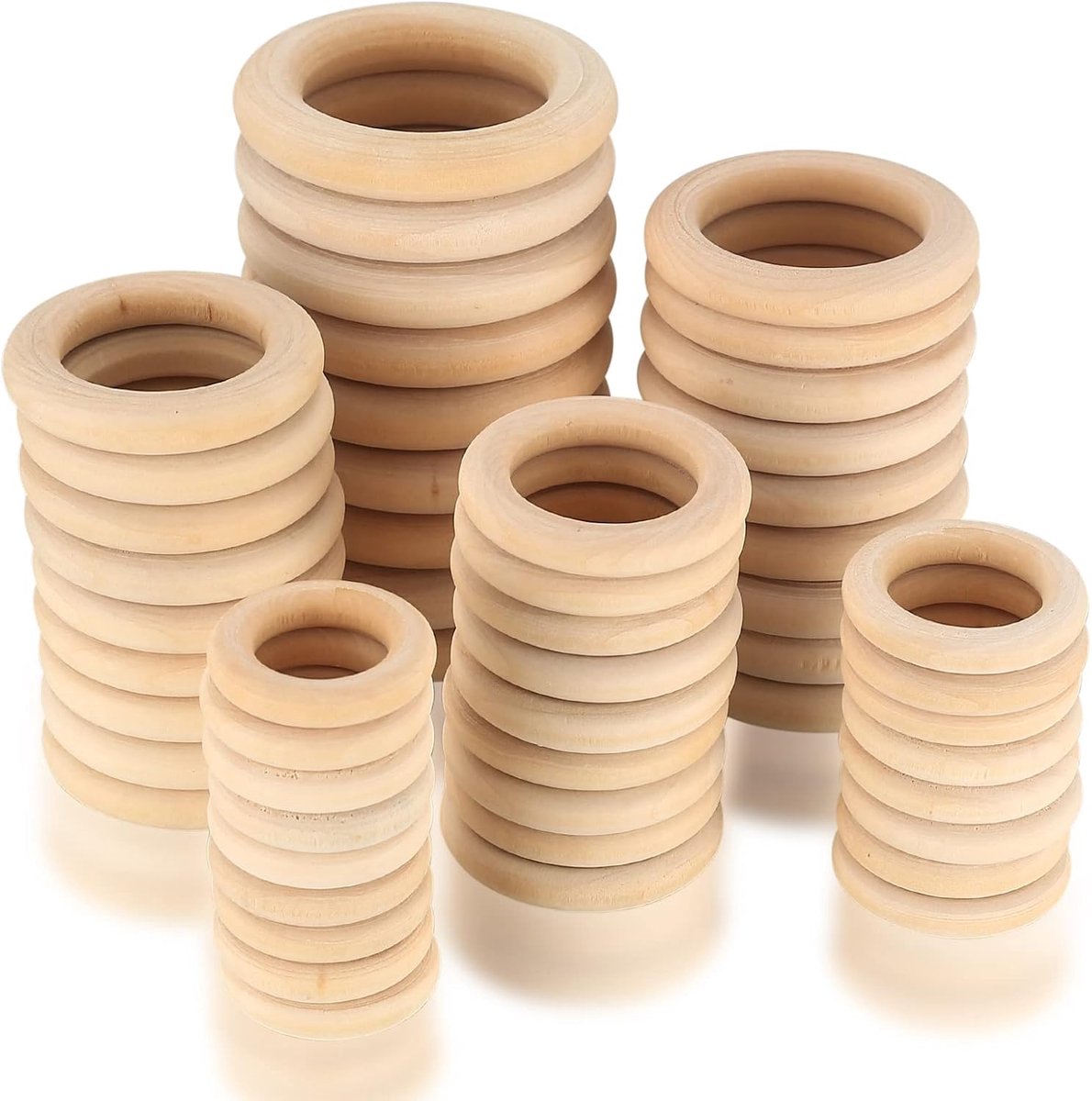60 stuks houten ringen om te knutselen, natuurlijke houten ringen, macraméringen voor doe-het-zelf sieraden, macramé, armbanden, hangers, decoratieve ringen (3/3,5/4/4,5/5/5,5 cm)