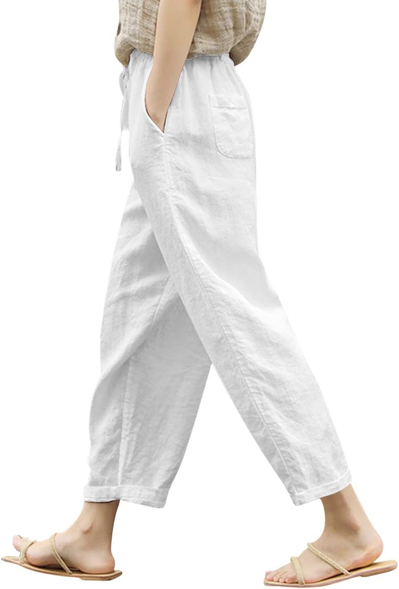 Broek Dames Zomer Brede Hoge Taille Vloeiend met Rechte Zakken Katoen Chic Strand Bohemian Losse Casual Lichtgewicht Mode A236