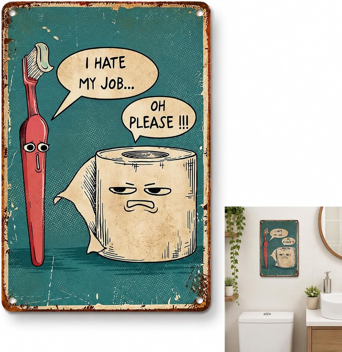 Metalen bord voor badkamer, vintage humor, wanddecoratie van hoogwaardig blik, 20 x 30 cm, grappig bord voor badkamerdecoratie, Engelse versie, eenvoudig op te hangen