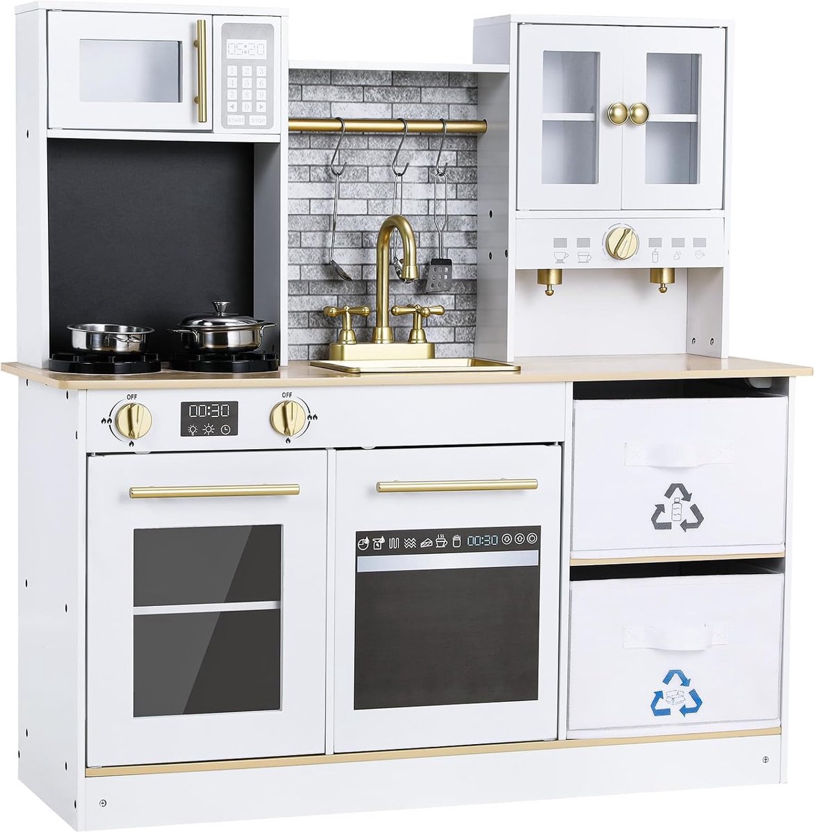 Kinderkeuken van Hout, Keukenspeelgoed met Echt Licht en Geluiden, 90 x 30 x 90 cm Speelkeuken Hout, Keukenspeelsets in MDF, met Grote Opbergdoos, Speelgoed Keuken voor Kinderen Jaar, Wit