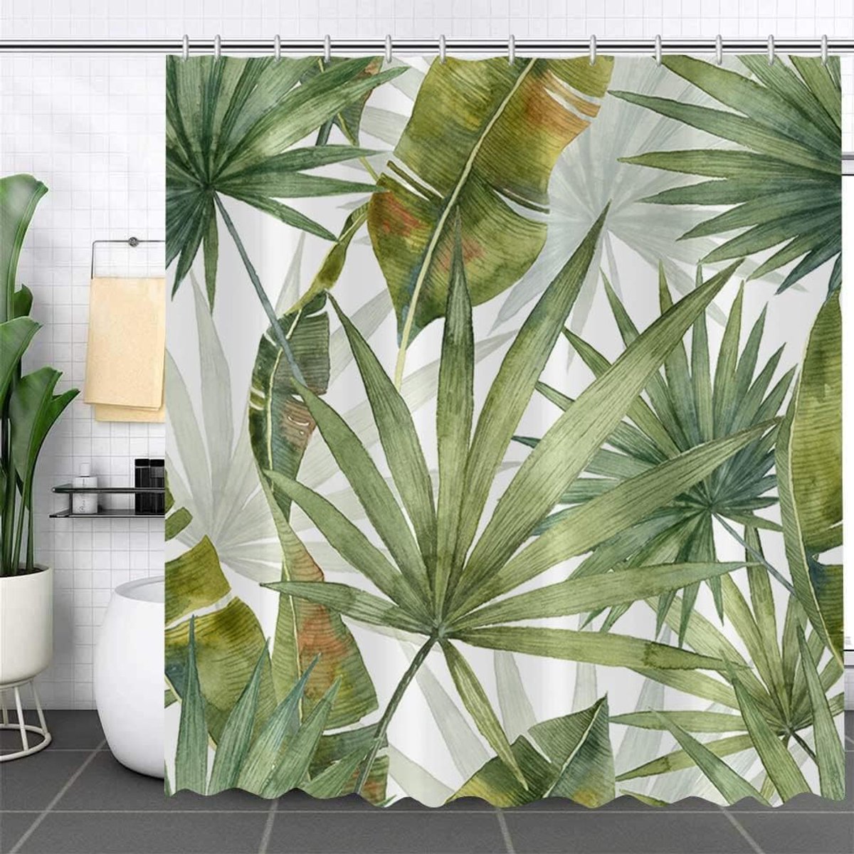 Douchegordijn, 180 x 200 cm, zomergroene palmen, bananenblad, botanische planten, waterdichte stof, machinewasbaar, badkamergordijn met haken