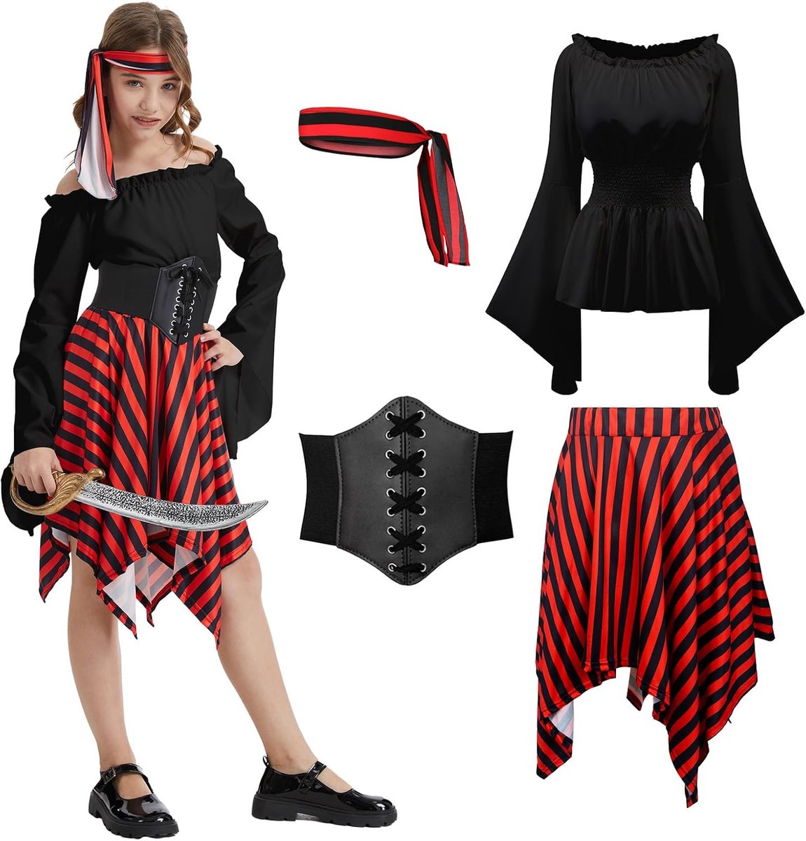 3 stuks piratenkostuum, met bovenstukken, piratenrok en piratendoek, piratenkostuum voor Halloween, carnaval, cosplay