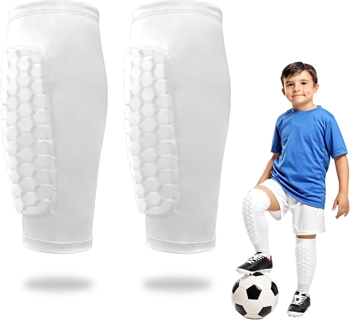 Scheenbeschermer voor kinderen, scheenbescherming, ademend en schokbestendig, kuitbeschermer voor voetbal en ski mannen, vrouwen en jongeren, sport (wit, S)