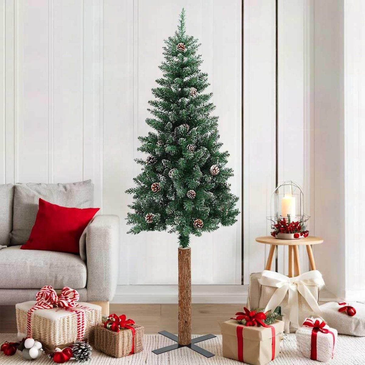 Kerstboom, 180 cm, met echt hout en sneeuw, in groen, realistische dennenboom van pvc, grenenhout en staal, voor binnen en buiten, duurzaam