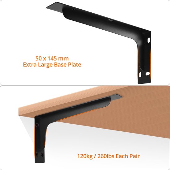 4-delige metalen wandplanksteunen voor hoeken - 90 graden planksteunen van massief staal - 290 x 145 mm - draagvermogen tot 120 kg - zwart mat - ideaal voor opslag en decoratie — afbeelding 4