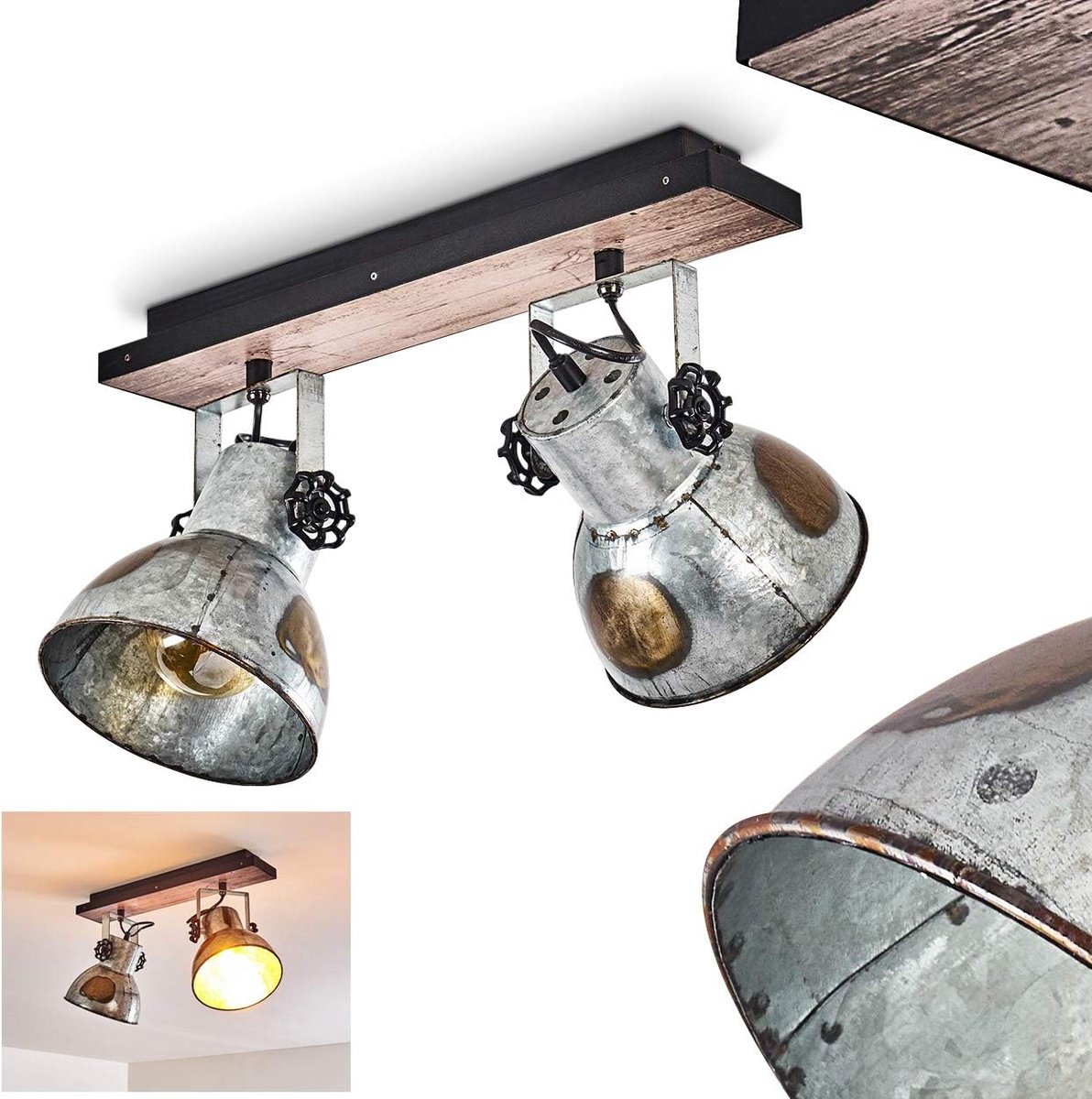 Plafondlamp Hora, vintage/industriële stalen plafondlamp in zilver/houtlook/zwart, 2 x E27 fitting, 2 lampen, Ø 17,5 cm, draaibaar naar wens, zonder gloeilamp