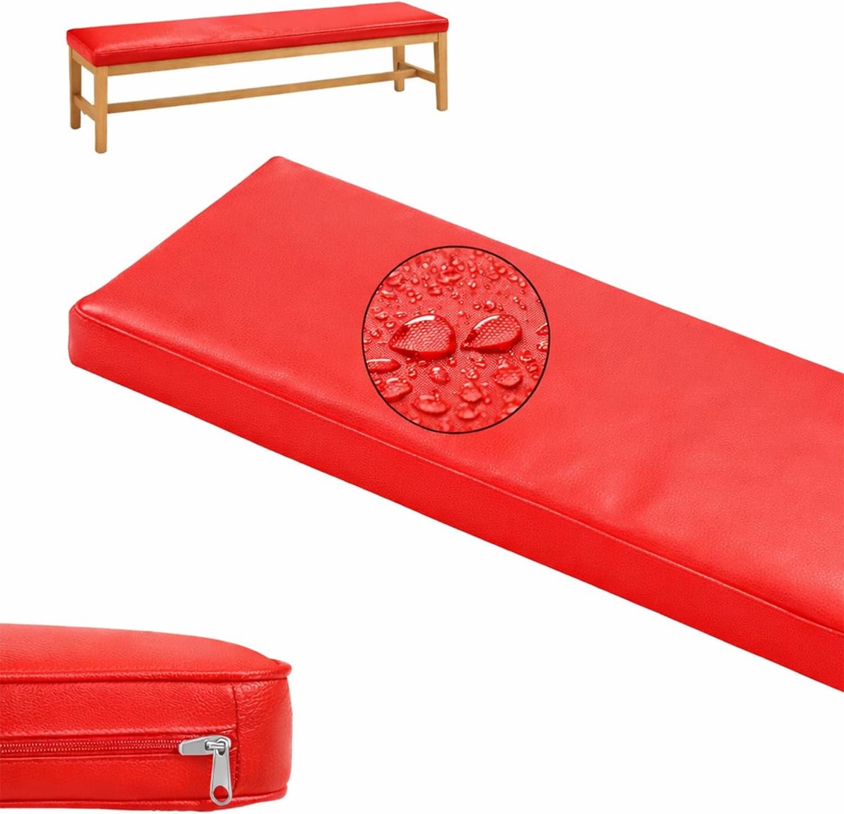 Generisch Sitzauflage Bank PU-Leder – Bankauflage & Bankkissen mit 50D Schaumstoff, wetterfest, Anti-Rutsch & Abnehmbarer Bezug für Garten, Terrasse & Innenbereich,Rot,200X50X5CM