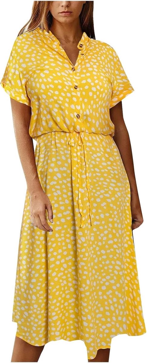 Kleider Damen Sommer Lang mit Arm Kleid Punkte A Linie Damen Sommerkleid Kurzarm Elegant Sommerkleider mit Knopfleiste Stehkragen Strandkleid Luftig Midi Gepunktetes Kleid mit Gürtel