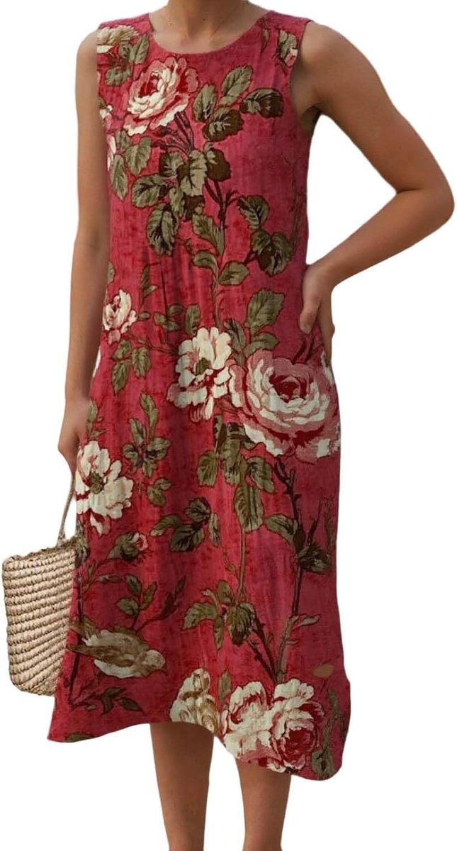 Sommerkleid Damen Elegant Ärmellos Rundhals Musselin Kleid Strandkleid Leicht Und Luftig Leinenkleider Sommer Falten Blumenmuster Kleider Locker Boho Midikleid mit Taschen Blumenkleid Freizeitkleid
