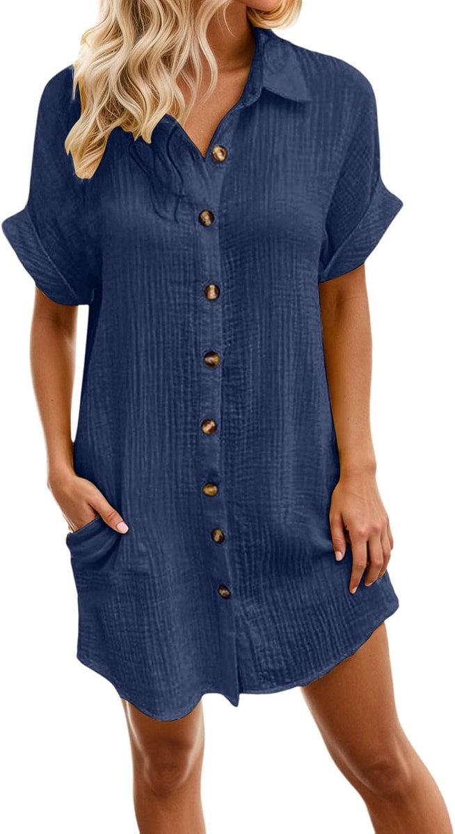 Sommerkleid Damen Leinen Kurzarm V-Ausschnitt Musselin Kleid Knielang Strandkleid Leicht Luftig Sommer Leinenkleid Freizeitkleid Knopfleiste Casual Tunika Kleider Shirtkleider mit Taschen Große größen