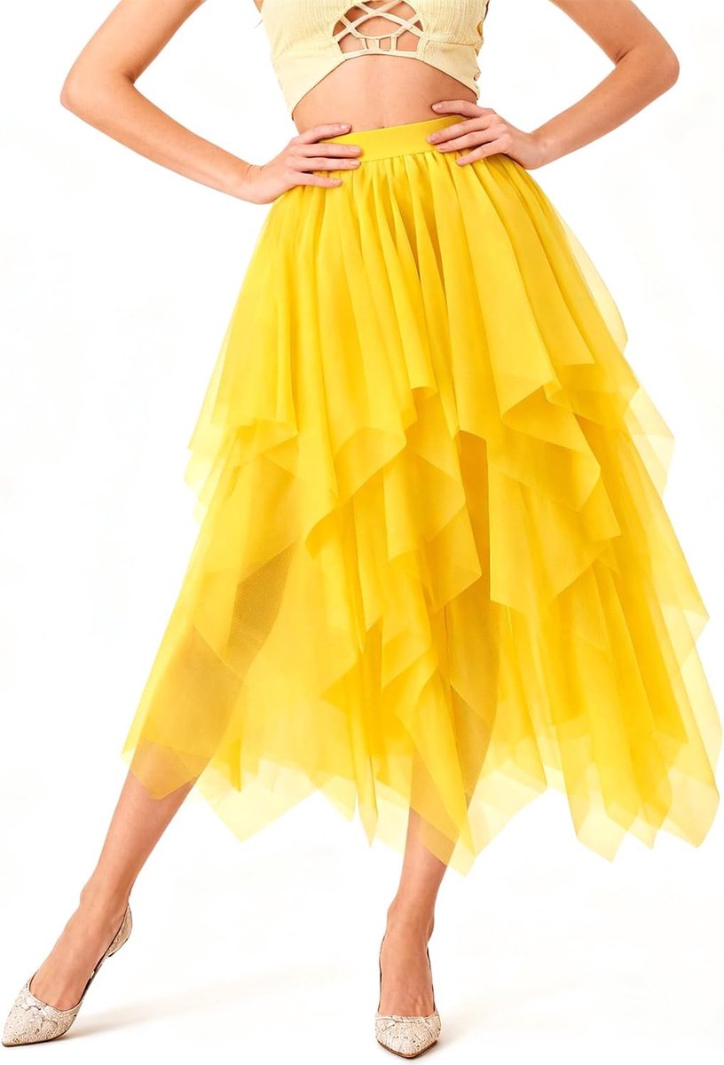 rok voor dames, A-lijn, hoge getailleerde rok, High Low Layered Puffy rok, elegante onregelmatige tule rok, lange zomerrok, meerlaagse mesh-rok voor eindexamenbal, carnaval