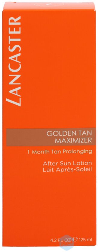 Lancaster Golden Tan Maximizer after sun lotion in oranje doos met witte tekst. 4.2 FL. OZ. E 125 ml.