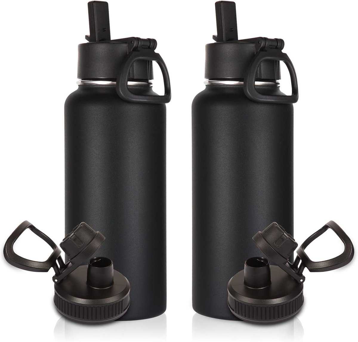 1 L Geïsoleerde Waterflessen 2 Pak Met Rietje Deksel & Tuit Deksel, Roestvrij Staal Sport Waterfles, Dubbele Wand Vacuüm Lekvrije Brede Mond Metalen Fles Voor Wandelen, Kamperen