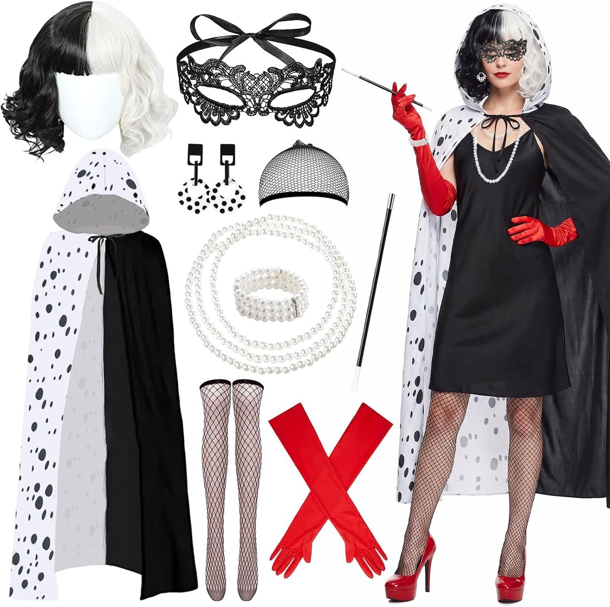 10-delig Cruella-kostuum voor dames, Cruella Devil kostuum voor dames, met cape, pruik, handschoenen, oorbellen, masker, halsketting, carnavalskostuum voor vrouwen, voor carnaval, cosplay, Halloween