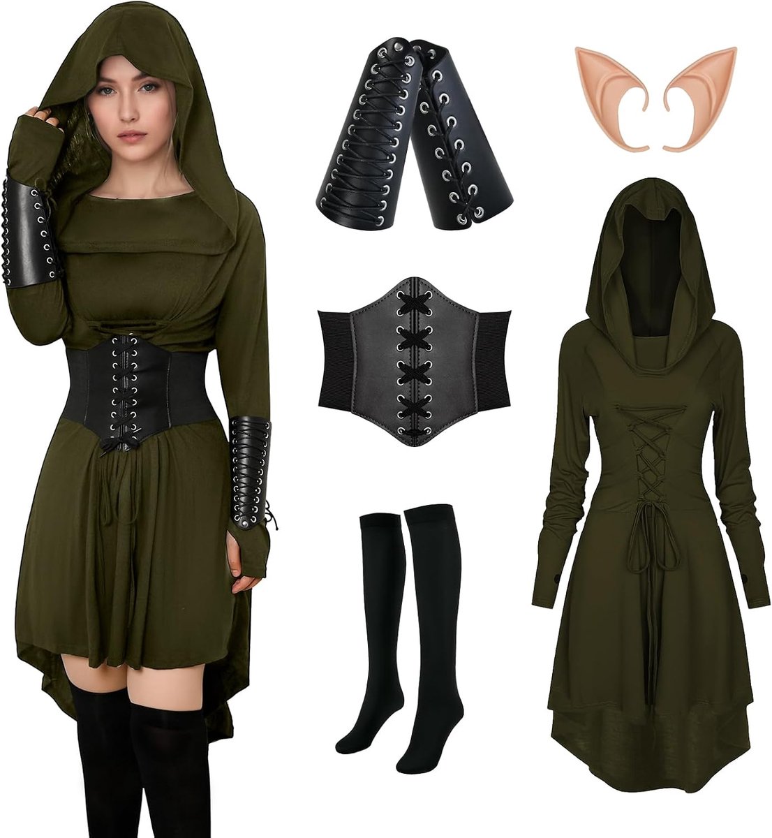 Kleding voor dames, gothic jurk, renaissance, capuchonjurk voor dames, met korset, armbeschermers, kousen, elfenoren voor carnaval, Halloween, feestjes