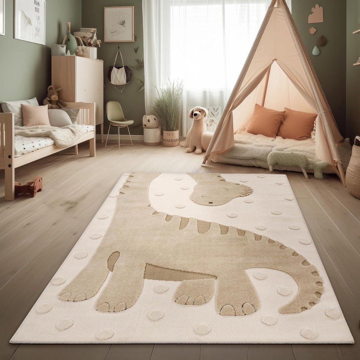 Home Tapijt Kinderkamer Speeltapijt Hoog-laag Effect Lussenstructuur Dino Natuurlijke Kleuren Zacht Onderhoudsvriendelijk Beige Crème Charcoal, Maat:120x160 cm