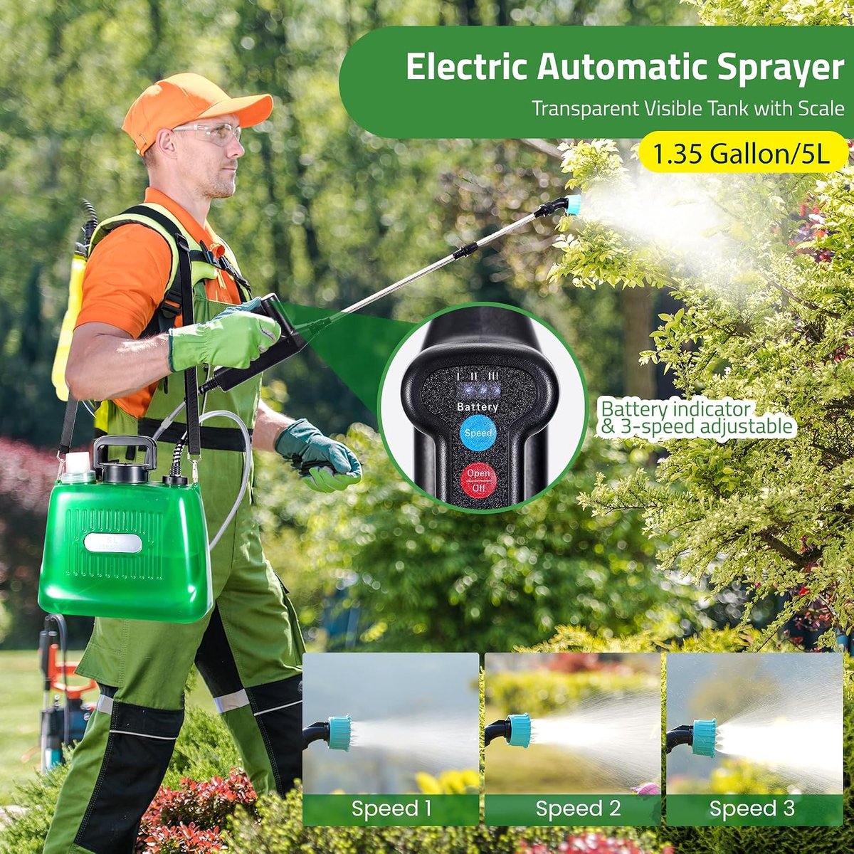 Accu, 8 liter, elektrische plantensproeier, met 4 nevelsproeiers, oplaadbare telescoopstang met 3 standen, led-displaybord, tuinsproeier, plantensproeier, 5 liter