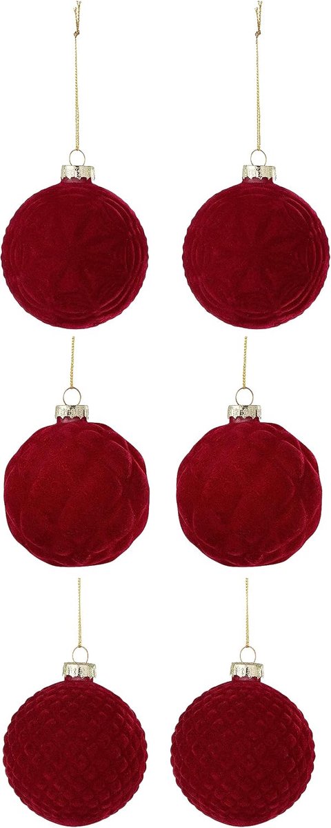 Doos Van 6 Kerstbal 2+2+2 Fluweel Rood Small