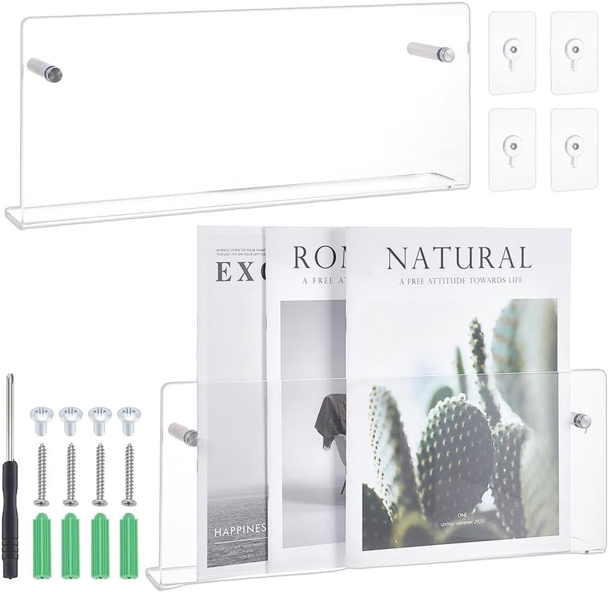 Set van 2 Heldere Acryl Tijdschriftenhouders 16 x 40 x 6 cm - Modern Wandorganizer voor Wachtkamer en Woonkamer, Ruimtebesparend en Stijlvol