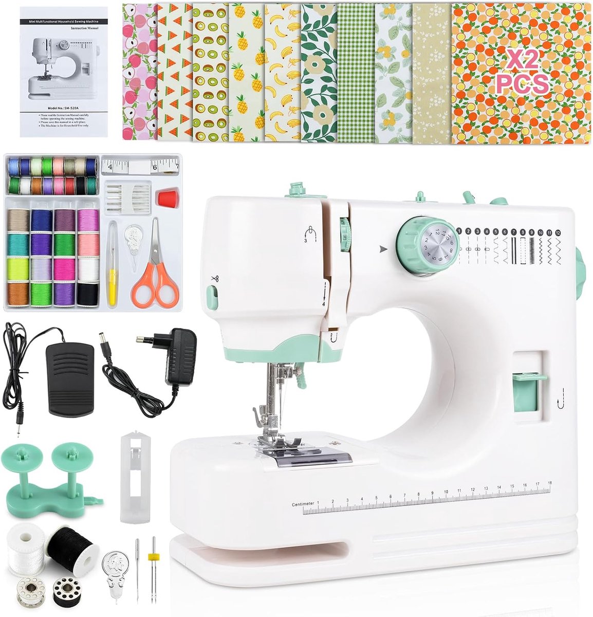 Elektrische Naaimachine met Dubbele Voet, 12 Instelbare Steken, Complete Set (20 Bloemige Stoffen 20x20 cm, Pedaal & 60+ Accessoires) voor Beginners, DIY en Reparaties