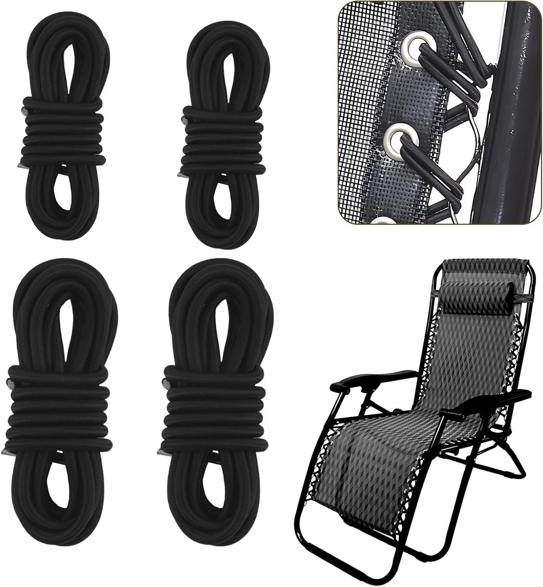Set van 4 vervangingskabels voor ligstoelen, elastische en duurzame koorden voor zonneterrassen, opvouwbare stoelen en relaxstoelen, weerbestendig en eenvoudig te installeren.