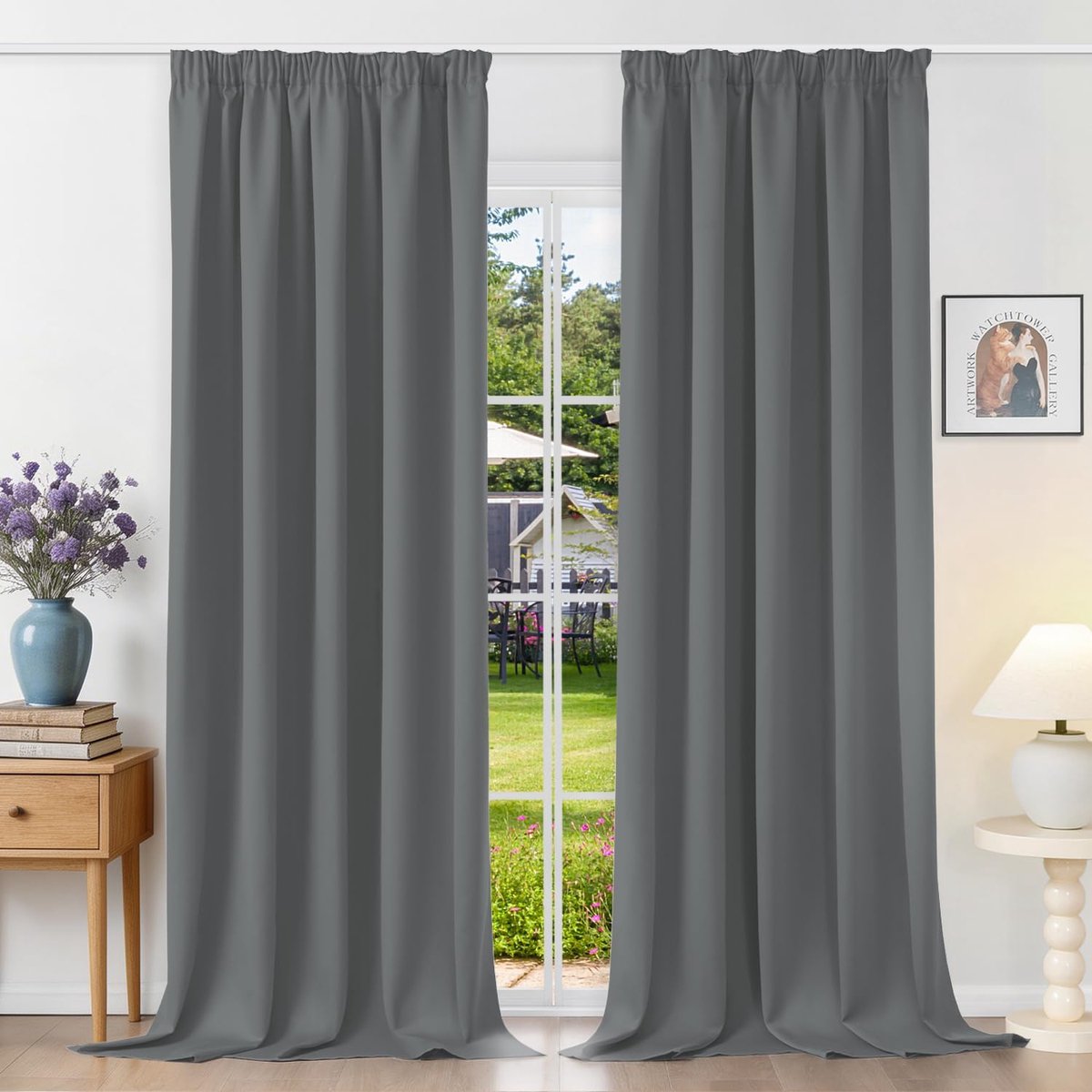 Gordijnen met plooiband, ondoorzichtig, lichtgrijs, verduisteringsgordijnen, set van 2, 280 x 140 cm (H x B) voor railsysteem, thermische gordijnen, koudebescherming, schuifgordijnen voor