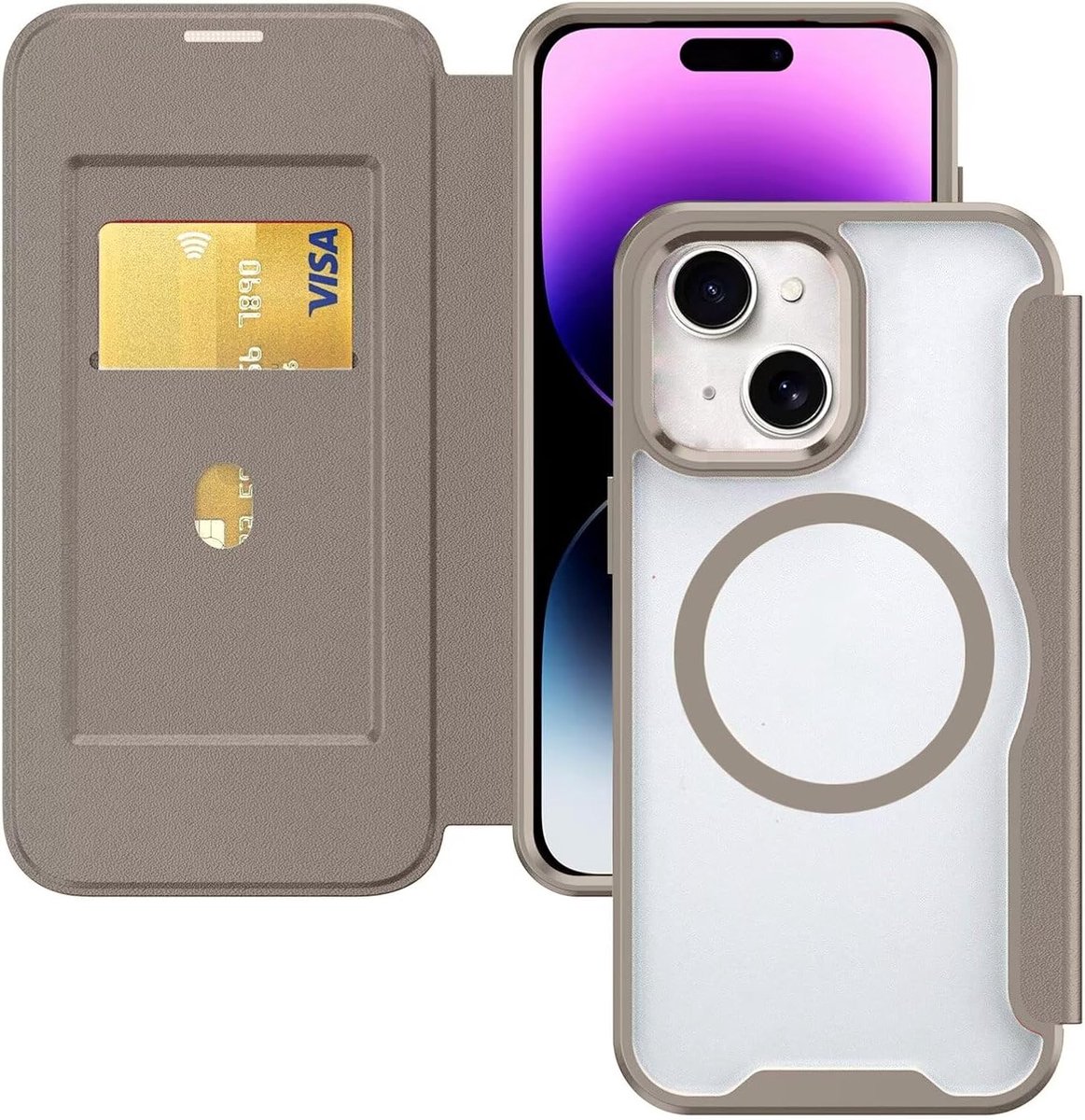 telefoonhoesje voor iPhone 13 / iPhone 14, folio lederen portemonnee klaphoes met Mag-Safe Draadloos Opladen,RFID-blokkering,kaartenvak Beschermhoes Case Kaki