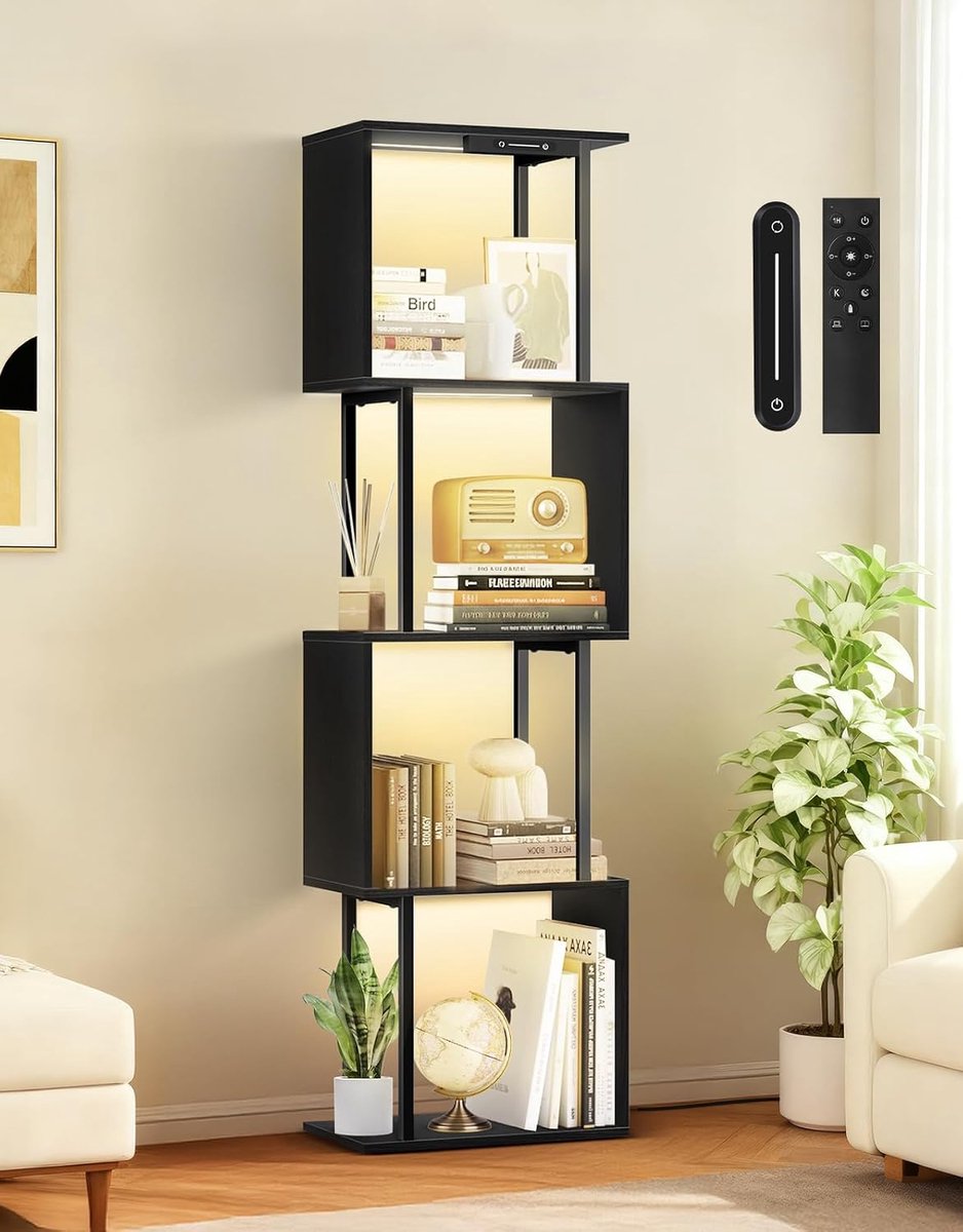 S-Vorm Boekenplank Met 5 Niveaus Met Verlichting, Moderne Displaykast Voor Woonkamer, Slaapkamer, Kantoor