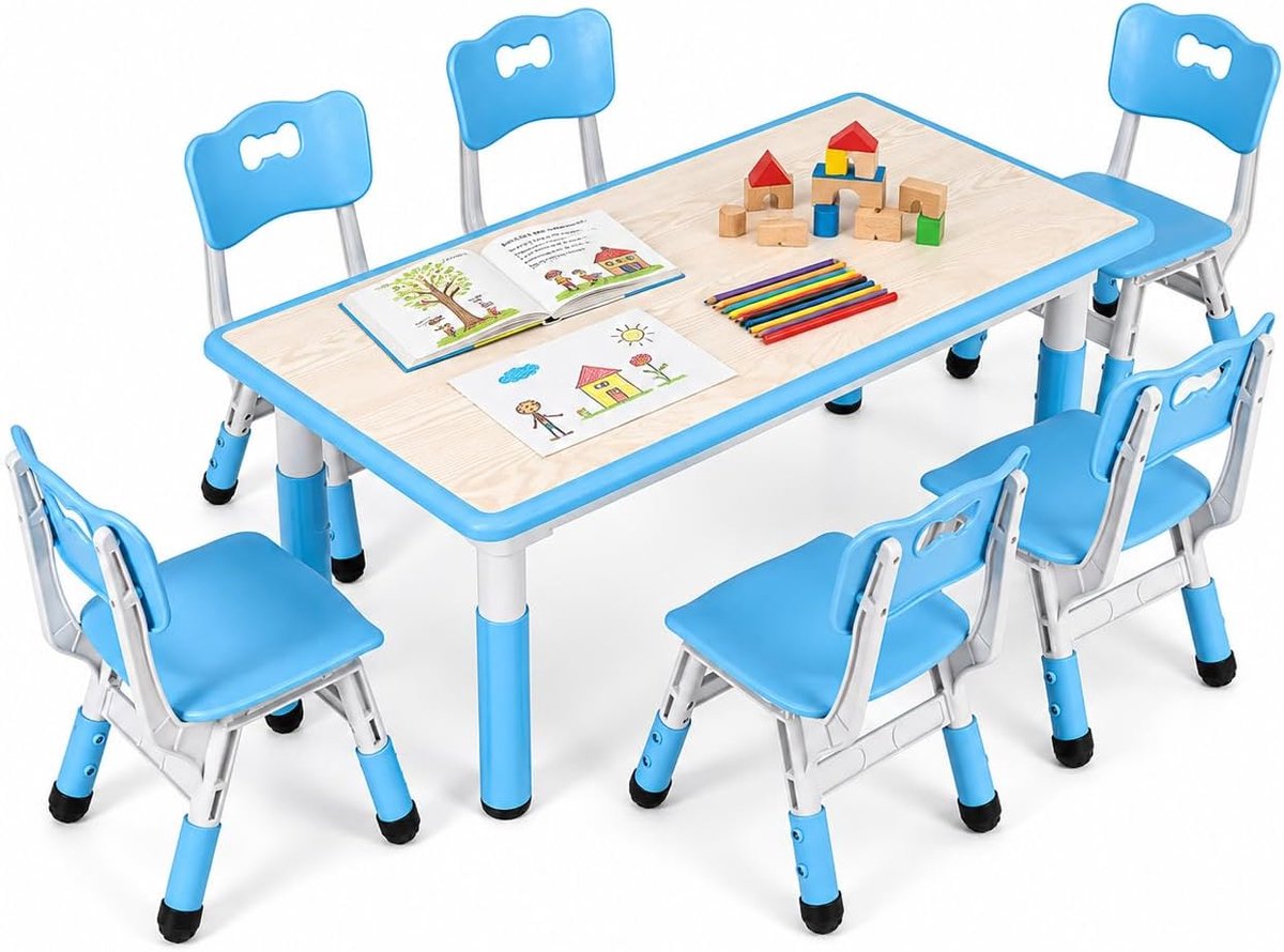 Kindertafel met 6 stoelen, in hoogte verstelbaar, kindertafelstoelset voor kleuterschool en kinderkamer, plastic kindermeubels, zitgroep voor jongens en meisjes jaar, blauw